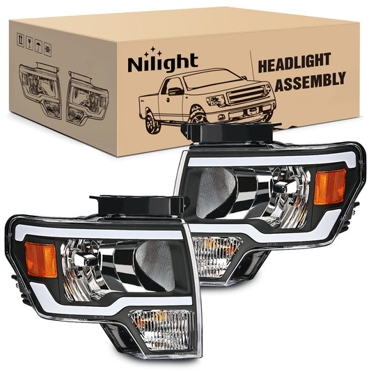 2009-2014 Ford F150 Headlight Assembly Black Case Amber Reflector Clear Lens Nilight