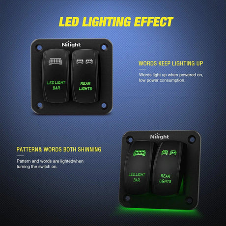 Rocker Switch 2Gang Led Light Bar and Rear Lights 5Pin ON/Off Rocker Switch Panel Green