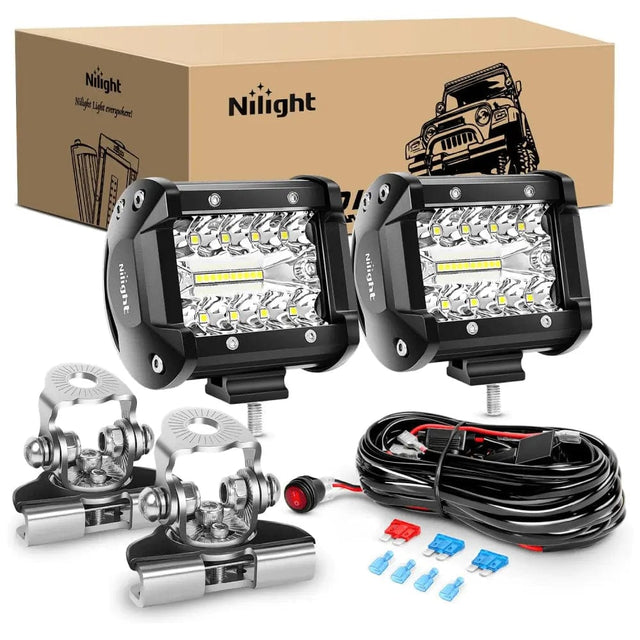 4 Inch 60W Triple Row Spot Flood LED Pods (Pair) W/ Pillar Hood Bracket Clamp Holder | 16AWG Wire 3Pin Switch Nilight