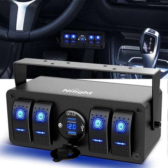 Rocker Switch 4Gang Aluminum ON/Off Blue Rocker Switch Box w/ QC 3.0 Dual USB Charger Voltmeter