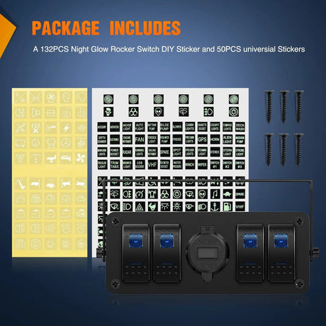 Rocker Switch 4Gang Aluminum ON/Off Blue Rocker Switch Box w/ QC 3.0 Dual USB Charger Voltmeter