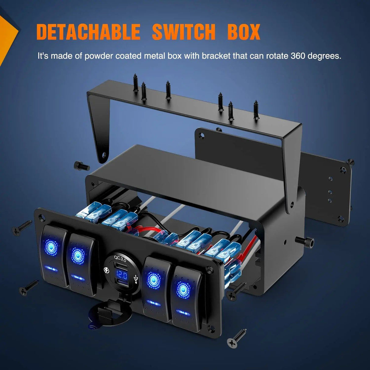 Rocker Switch 4Gang Aluminum ON/Off Blue Rocker Switch Box w/ QC 3.0 Dual USB Charger Voltmeter