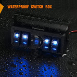 Rocker Switch 4Gang Aluminum ON/Off Blue Rocker Switch Box w/ QC 3.0 Dual USB Charger Voltmeter