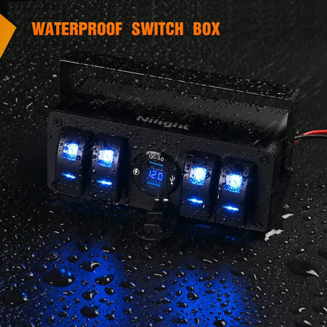 Rocker Switch 4Gang Aluminum ON/Off Blue Rocker Switch Box w/ QC 3.0 Dual USB Charger Voltmeter