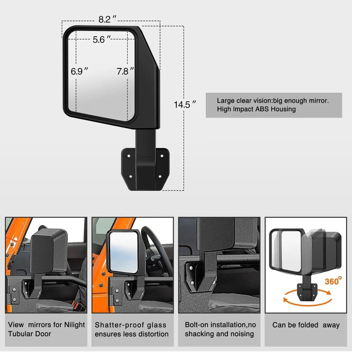 2007-2018 Jeep Wrangler JK 4Door Front Rear Tubular Doors W/Side View Mirrors Nilight