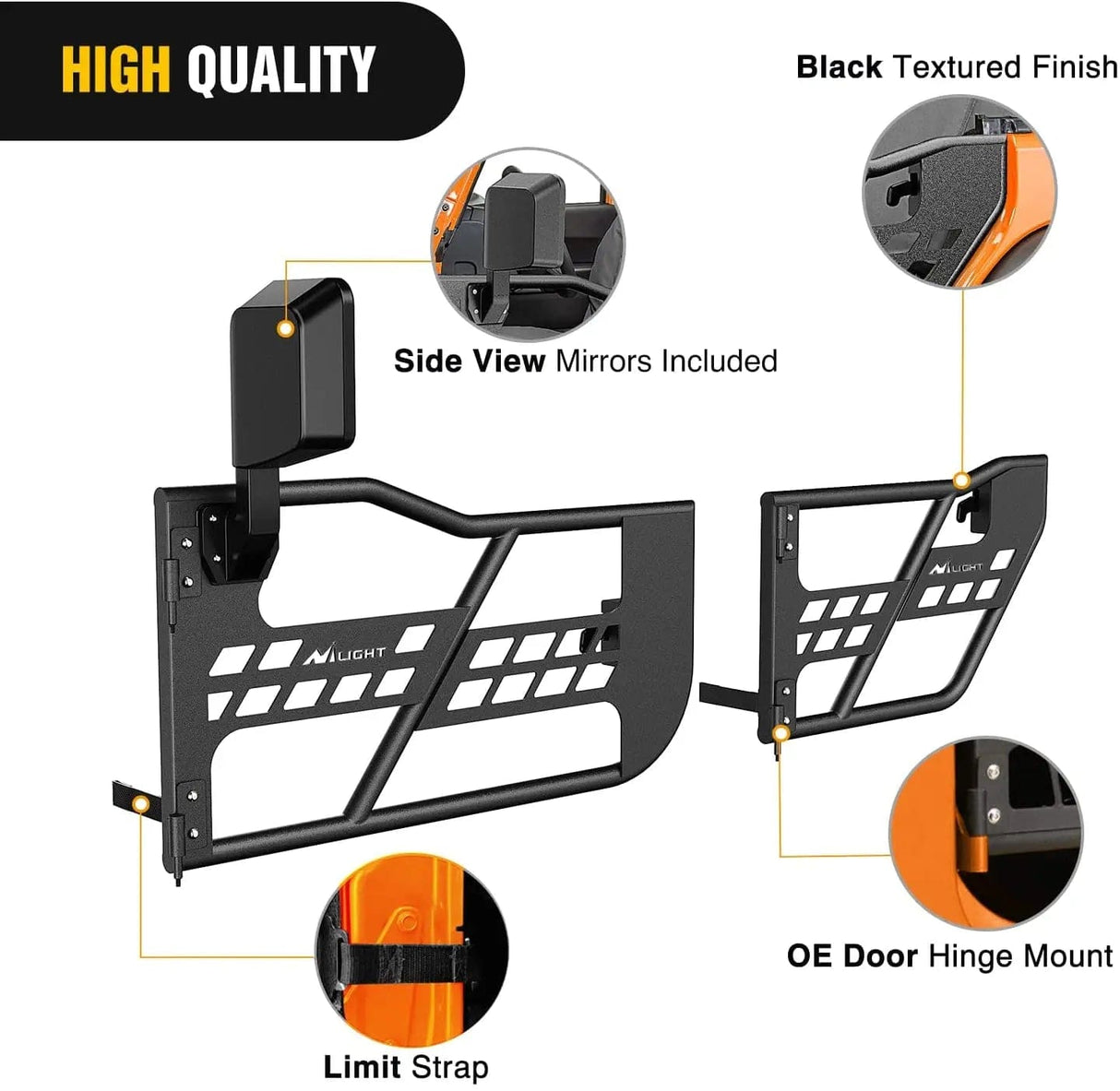 2007-2018 Jeep Wrangler JK 4Door Front Rear Tubular Doors W/Side View Mirrors Nilight