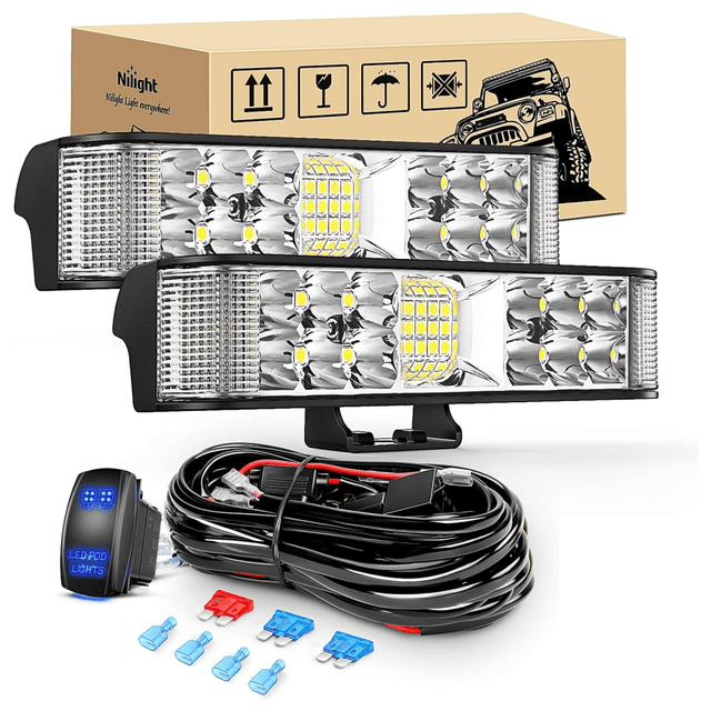 6.5 Inch 60W Side Shooter Quadruple Row Spot Flood LED Light Bars (Pair) | 16AWG 5Pin Rocker Switch Wiring Harness Kit Nilight