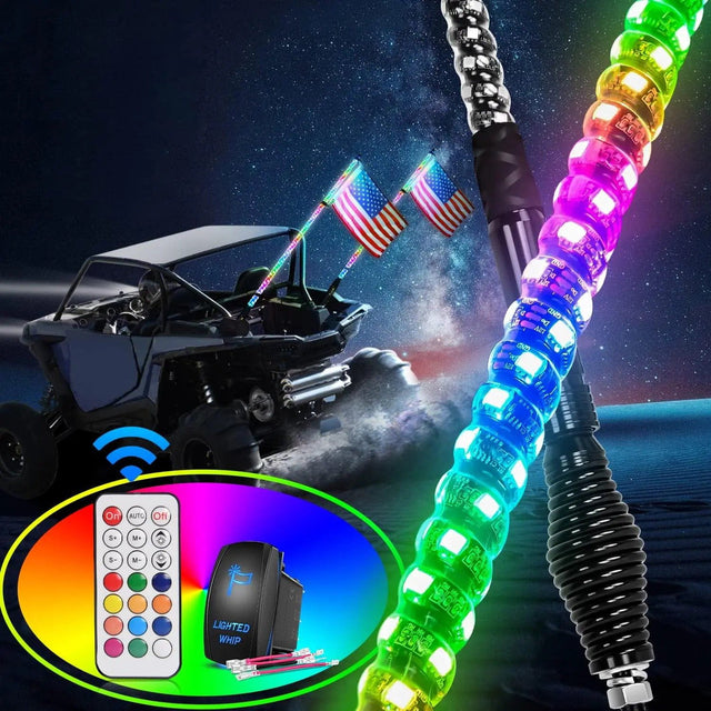 LED Whip Light 2Pcs 5FT Spiral Antenna W/ Spring Base Led Whip Light RF Remote Control | 8.6FT Wire 5Pin Switch