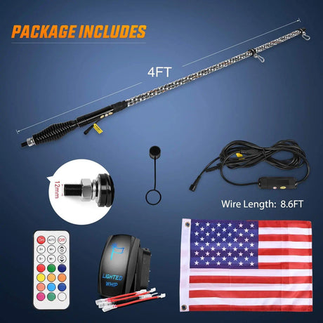 LED Whip Light 4FT Spiral Antenna W/ Spring Base Led Whip Light RF Remote Control | 8.6FT Wire 5Pin Switch