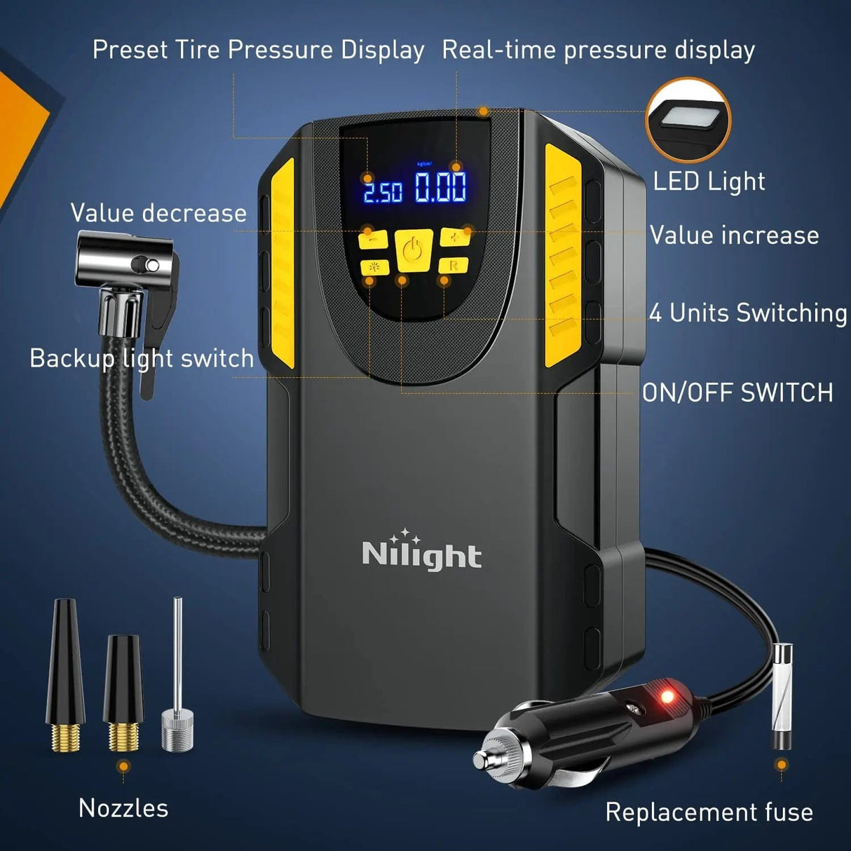 Tire Inflator Air Compressor Pump Auto-Shut Off Nilight