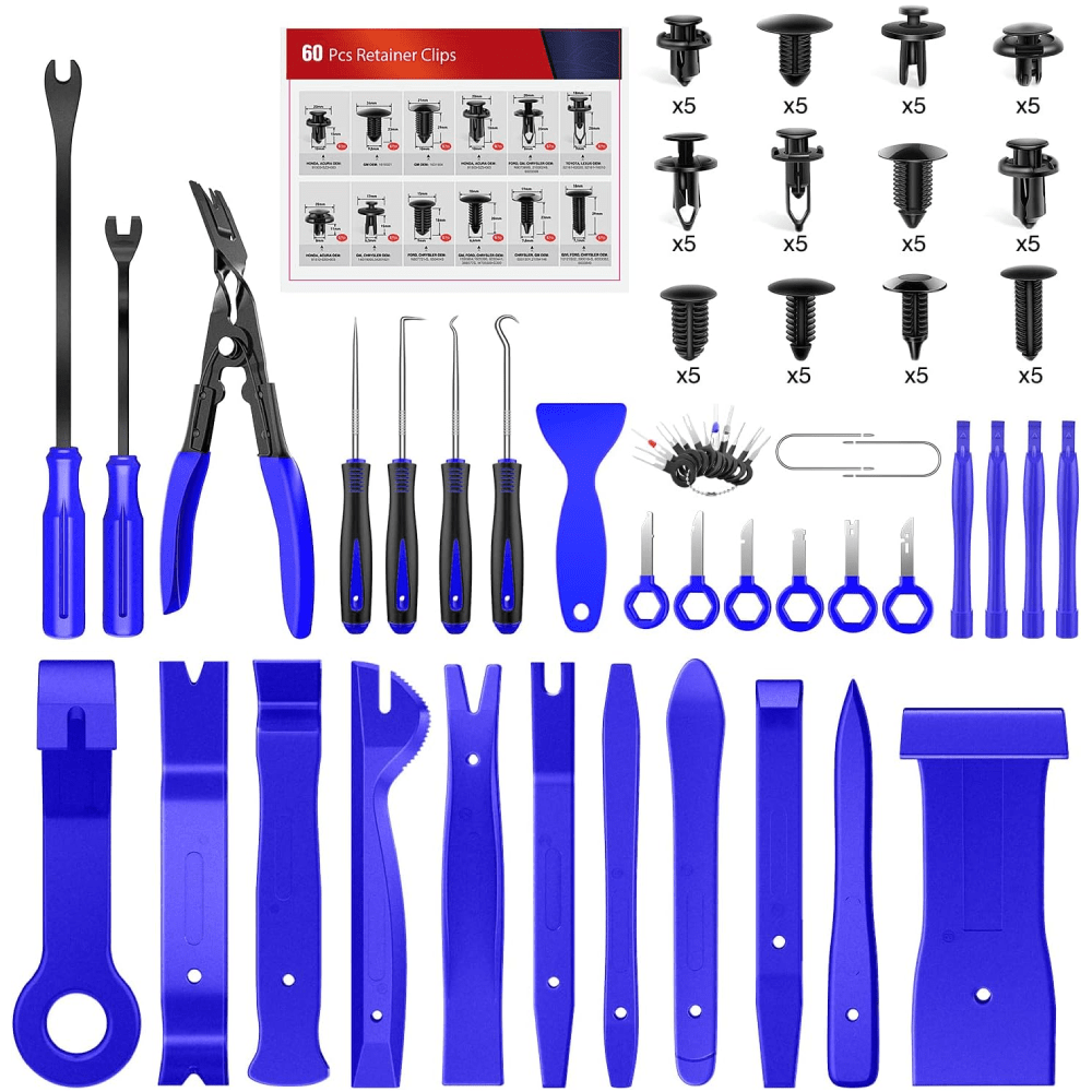 Trim Removal Tool 102 Pcs, Auto Push Pin Bumper Retainer Clip Set Fastener Terminal Remover Tool Round Handle Crowbar Kit Car Panel Radio Removal Auto Clip Plier