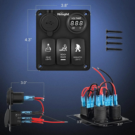 3Gang Sasquatch Lights/Wench Power/Rear Lights 5Pin ON/Off Rocker Switch Panel W/ USB Charger LED Voltmeter Nilight