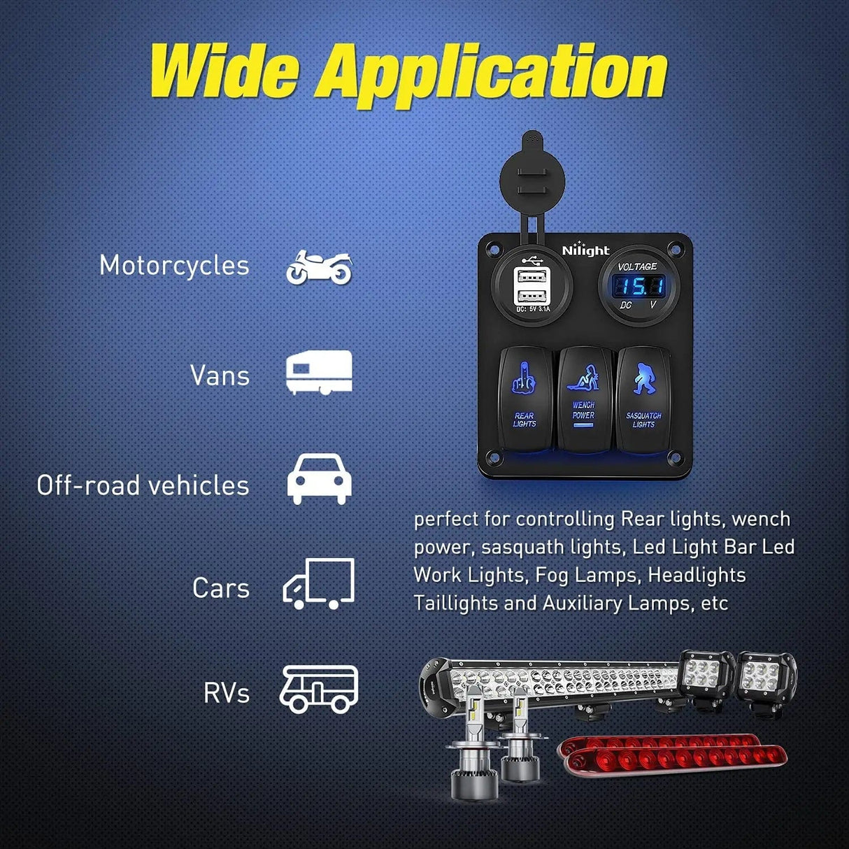 3Gang Sasquatch Lights/Wench Power/Rear Lights 5Pin ON/Off Rocker Switch Panel W/ USB Charger LED Voltmeter Nilight