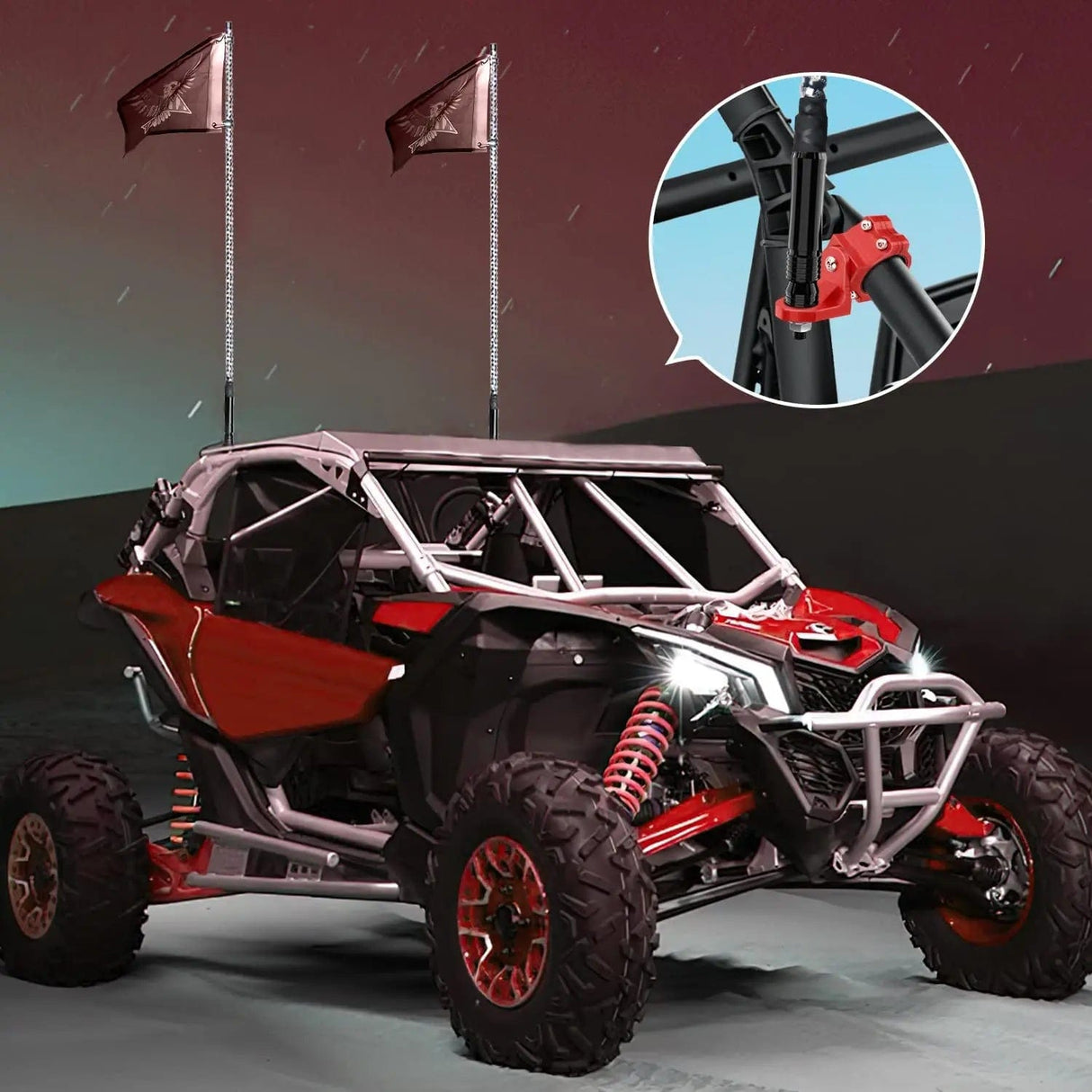 UTV Flag Antenna Mount Bracket 1.5in-1.75in | 1.75in-2in Round Roll Cage Red Nilight