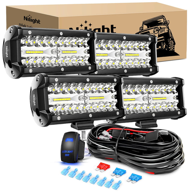 4PCS 6.5 Inch 120W Light Bar with Wiring Harness Kit-4 Leads Nilight