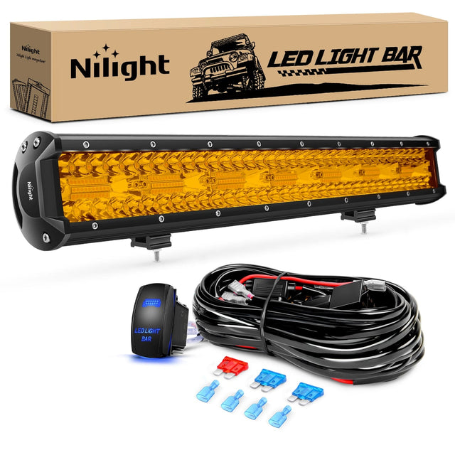 20 Inch Amber 420W Led Light Bar with Wiring Harness Kit-1 Leads Nilight