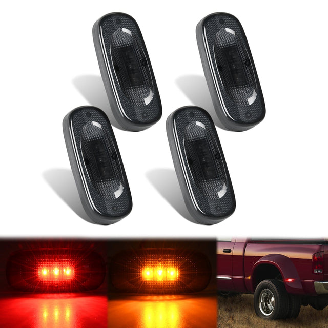 4 PCS 3 LED Red Amber Wheel Fender Side Marker Lights Smoked Lens Light Compatible With 2003-2009 Dodge Ram 1500 2500 3500 Super Duty Nilight