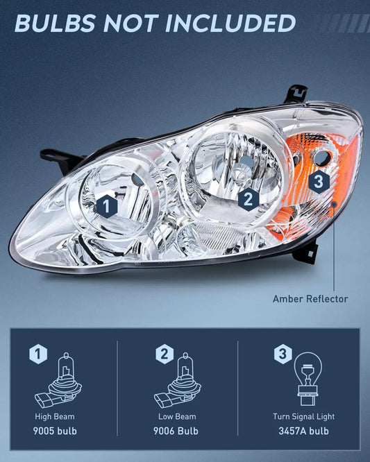 Motor Vehicle Lighting Nilight Headlight Assembly for 2003 2004 2005 2006 2007 2008 Toyota Corolla Headlamps Replacement Chrome Housing Amber Reflector Driver and Passenger Side, 2 Years Warranty