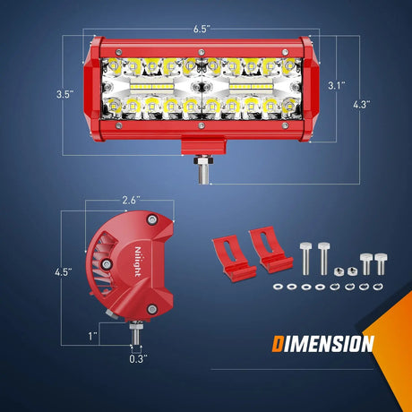 6.5" 120W Triple Row Red Case Spot/Flood LED Light Bars (Pair) | 16AWG Wire 3Pin Switch Nilight