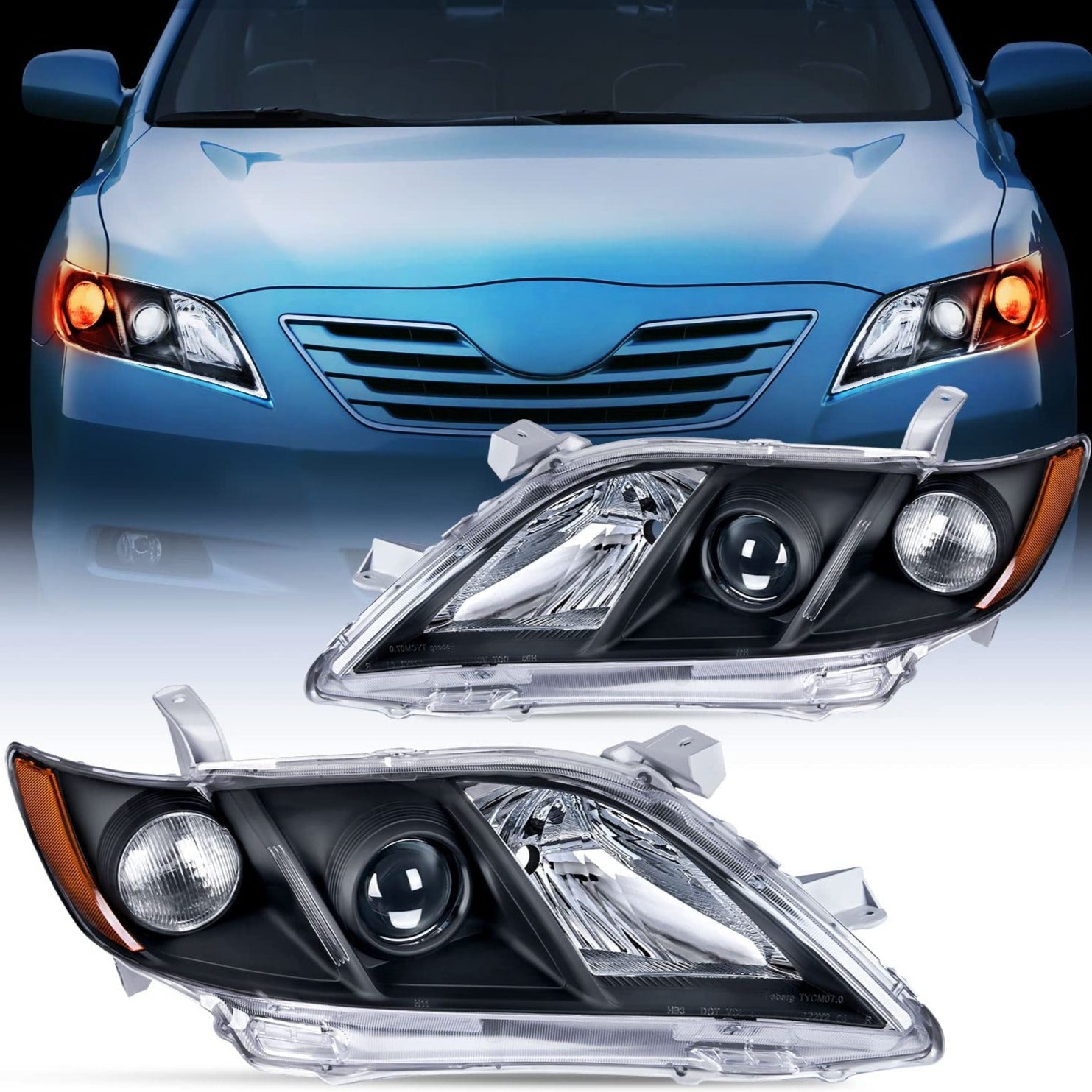 2007-2009 Toyota Camry Headlight Assembly Black Case Amber