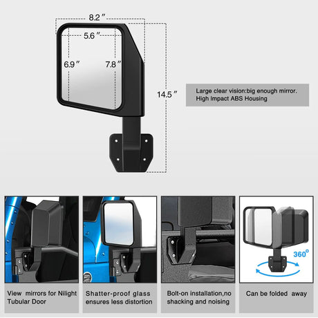 Nilight Off Road Front Rear Tubular Doors W/Side View Mirrors Compatible with 2007 2008 2009 2010 2011 2012 2013 2014 2015 2016 2017 2018 Wrangler JK 2 Door Only, 2 Years Warranty