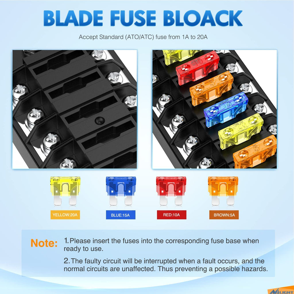 Nilight 6 Way Fuse Block with Negative Bus 12V Blade Fuse Holder ATC/ATO Standard Fuse Box Label Stickers Waterproof Cover Fuse Panel for Automotive 50064F