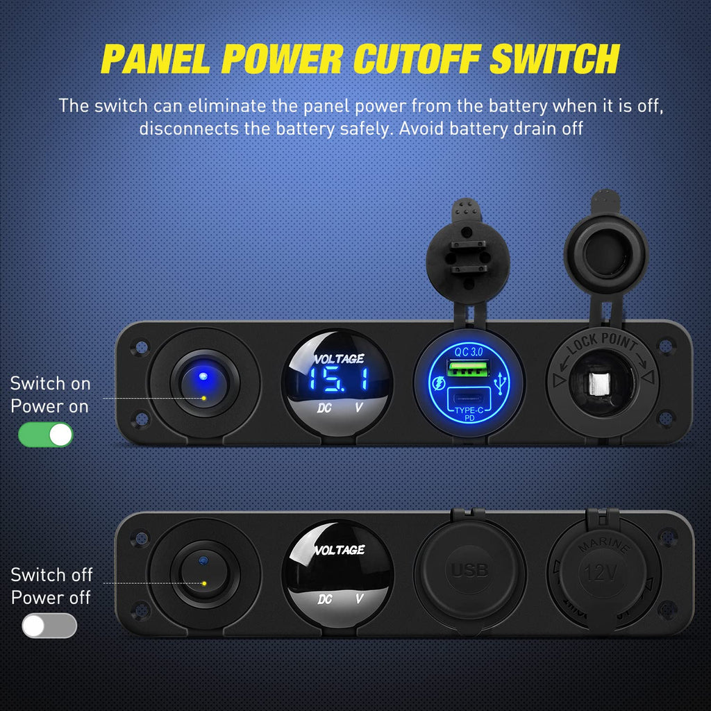 4 Gang Blue Panel Switch LED Voltmeter 12V for Car Marine Cigarette Lighter  Plug