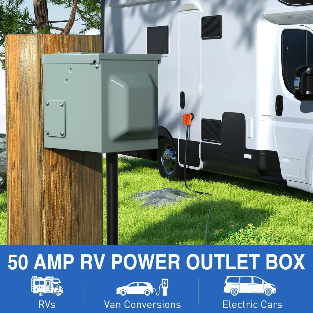 50 Amp RV Power Outlet Box, 125/250 Volt NEMA 14-50R RV Receptacle,  Enclosed Weatherproof Lockable Outdoor Electrical Panel Outlet for RV  Camper