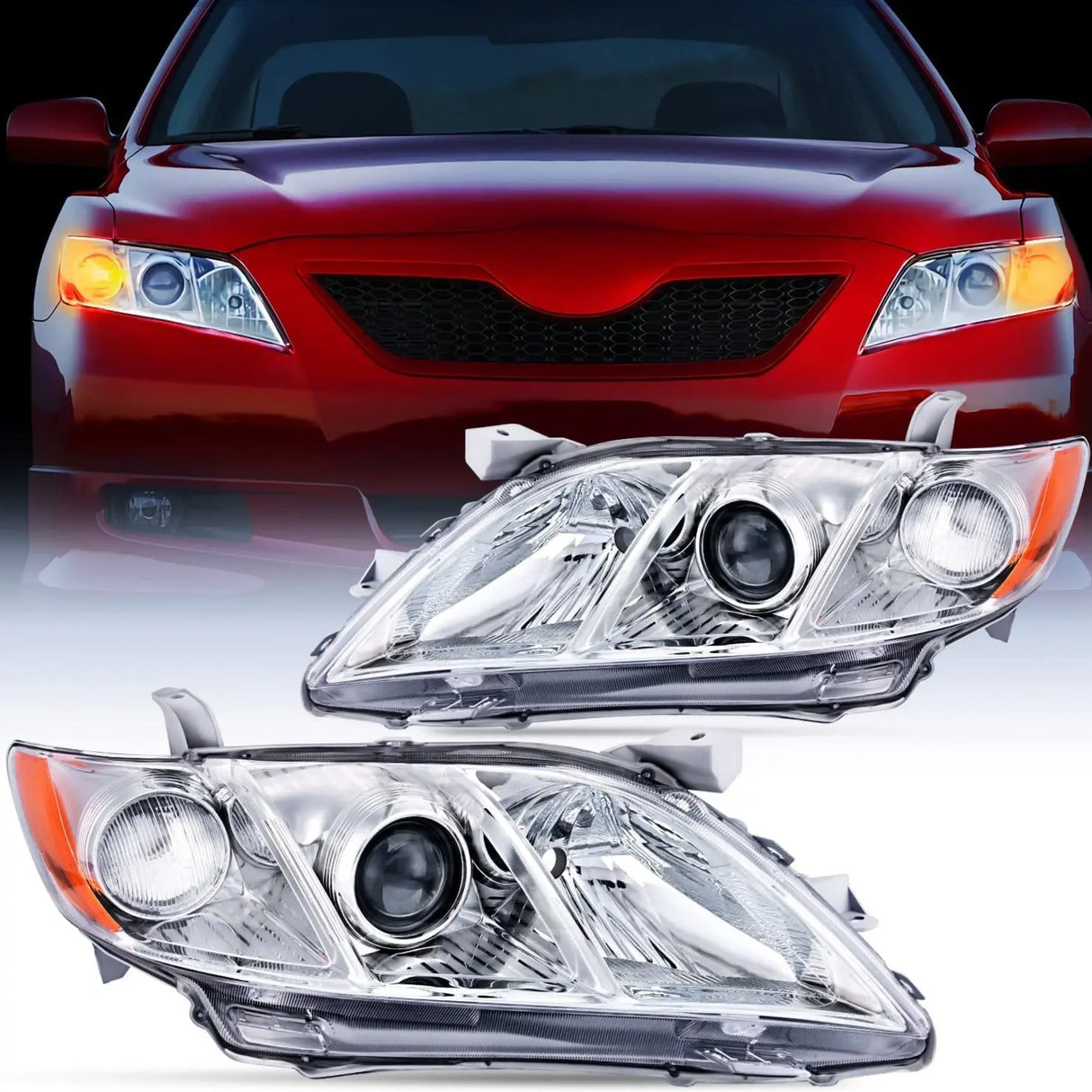 Motor Vehicle Lighting Nilight Headlight Assembly Compatible with 2007 2008 2009 Toyota Camry Headlamps Replacement Chrome Housing Amber Reflector Driver and Passenger Side, 2 Years Warranty