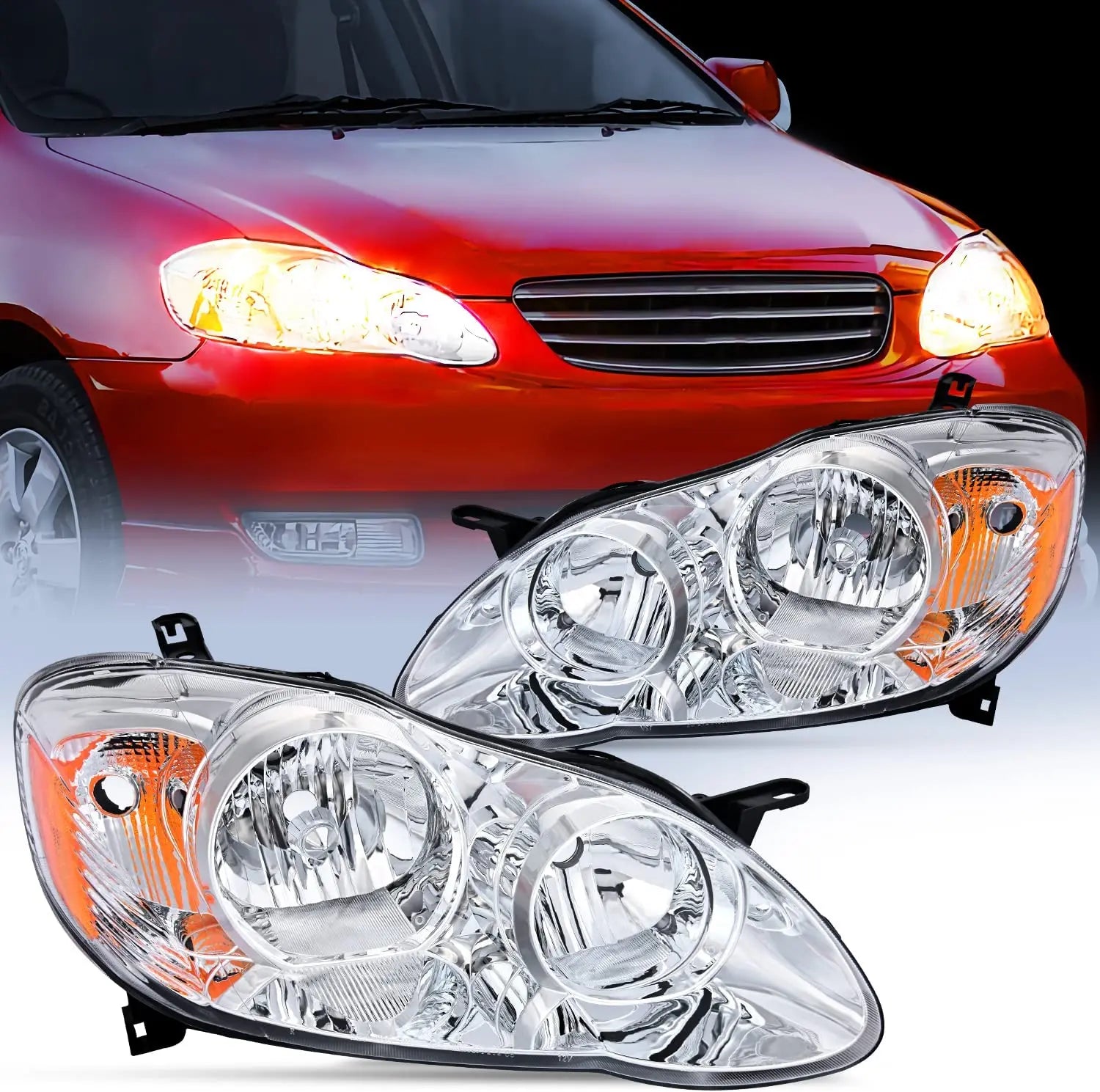 Motor Vehicle Lighting Nilight Headlight Assembly for 2003 2004 2005 2006 2007 2008 Toyota Corolla Headlamps Replacement Chrome Housing Amber Reflector Driver and Passenger Side, 2 Years Warranty