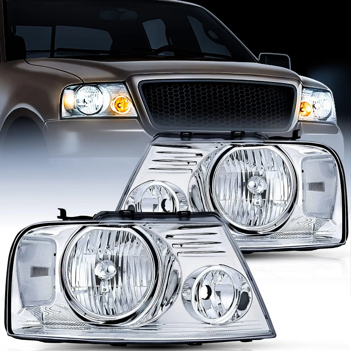 Nilight Headlight Assembly for 2004 2005 2006 2007 2008 Ford F150 Pickup /2006 -2008 Lincoln Mark LT Passenger Driver Side Chrome Housing Clear Reflector Lens Headlamp Replacement,2 Years Warranty